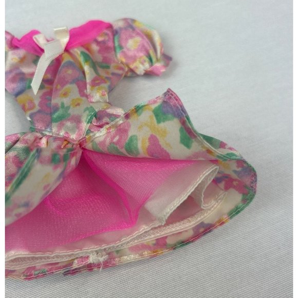 Vintage Barbie Pink Floral Dress Layered Puff Sleeves Bow Tulle - Picture 2 of 6